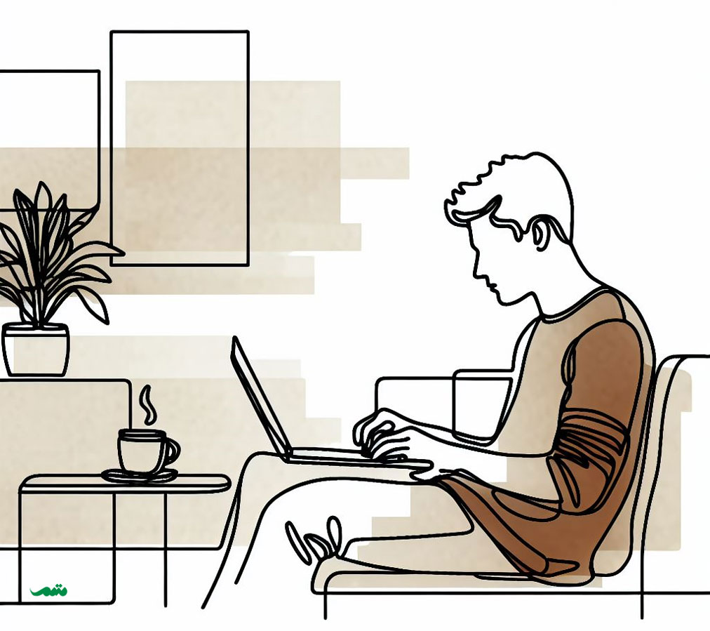 تصویر پسری که در کافه روی صندلی نشسته و یک لپ تاپ و فنجان قهوه جلوی اوست. تصور عمومی از فریلنسرها