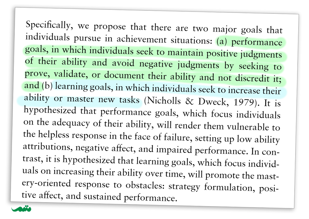 Specifically, we propose that there are two major goals that individuals pursue in achievement situations: (a) performance goals, in which individuals seek to maintain positive judgments of their ability and avoid negative judgments by seeking to prove, validate, or document their ability and not discredit it; and (b) learning goals, in which individuals seek to increase their ability or master new tasks (Nicholls & Dweck, 1979). It is hypothesized that performance goals, which focus individuals on the adequacy of their ability, will render them vulnerable to the helpless response in the face of failure, setting up low ability attributions, negative affect, and impaired performance. In con-trast, it is hypothesized that learning goals, which focus individ-uals on increasing their ability over time, will promote the mast-ery-oriented response to obstacles: strategy formulation, posi-tive affect, and sustained performance.